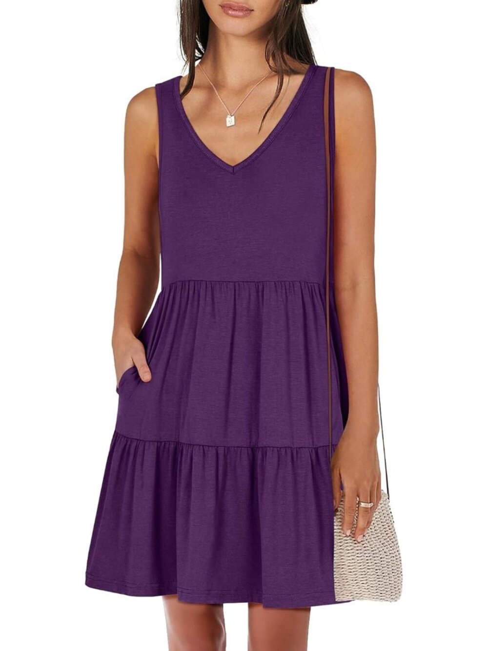 Women's Purple Summer Casual Tank Dress Sleeveless V Neck T Shirt Sundress